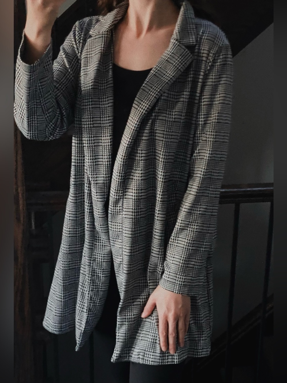 MELLODAY Houndstooth Plaid Blazer Coat Large